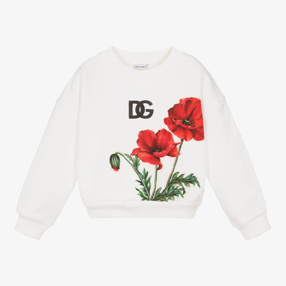 Dolce & Gabbana - Girls White Cotton Poppy Sweatshirt | Childrensalon