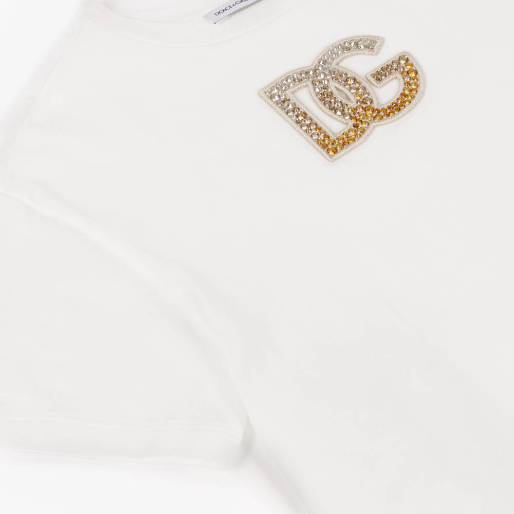 Dolce & Gabbana-Girls White Cotton Rhinestone DG Logo T-Shirt | Childrensalon Outlet