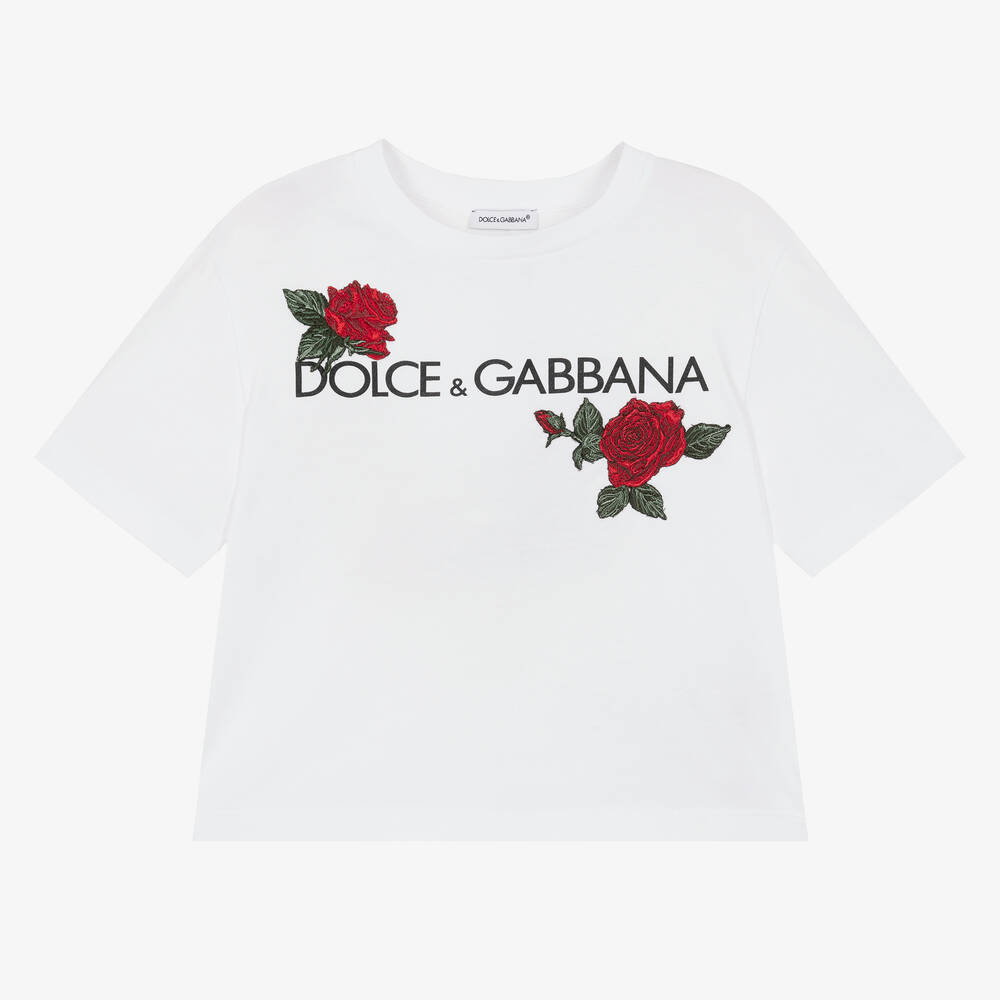 Dolce & Gabbana - Girls White Cotton Roses T-Shirt | Childrensalon