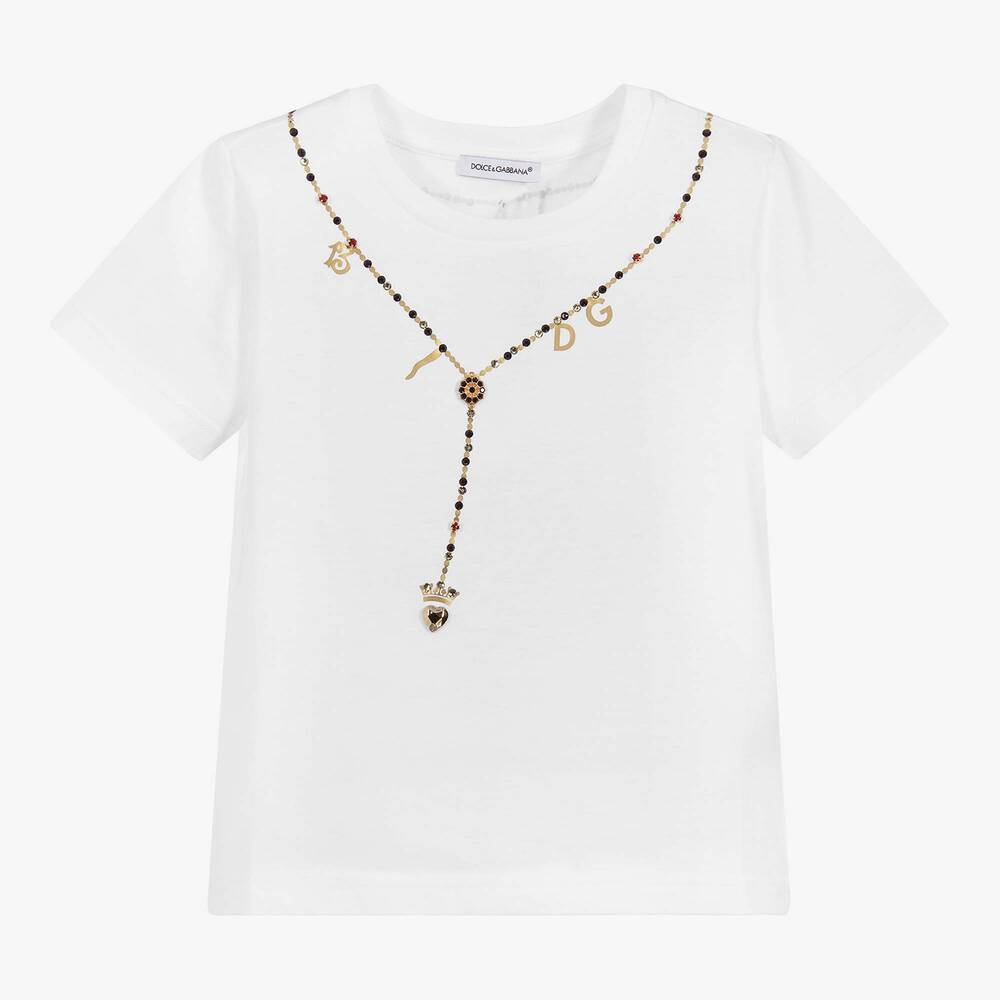 Dolce & Gabbana - Girls White Cotton T-Shirt | Childrensalon