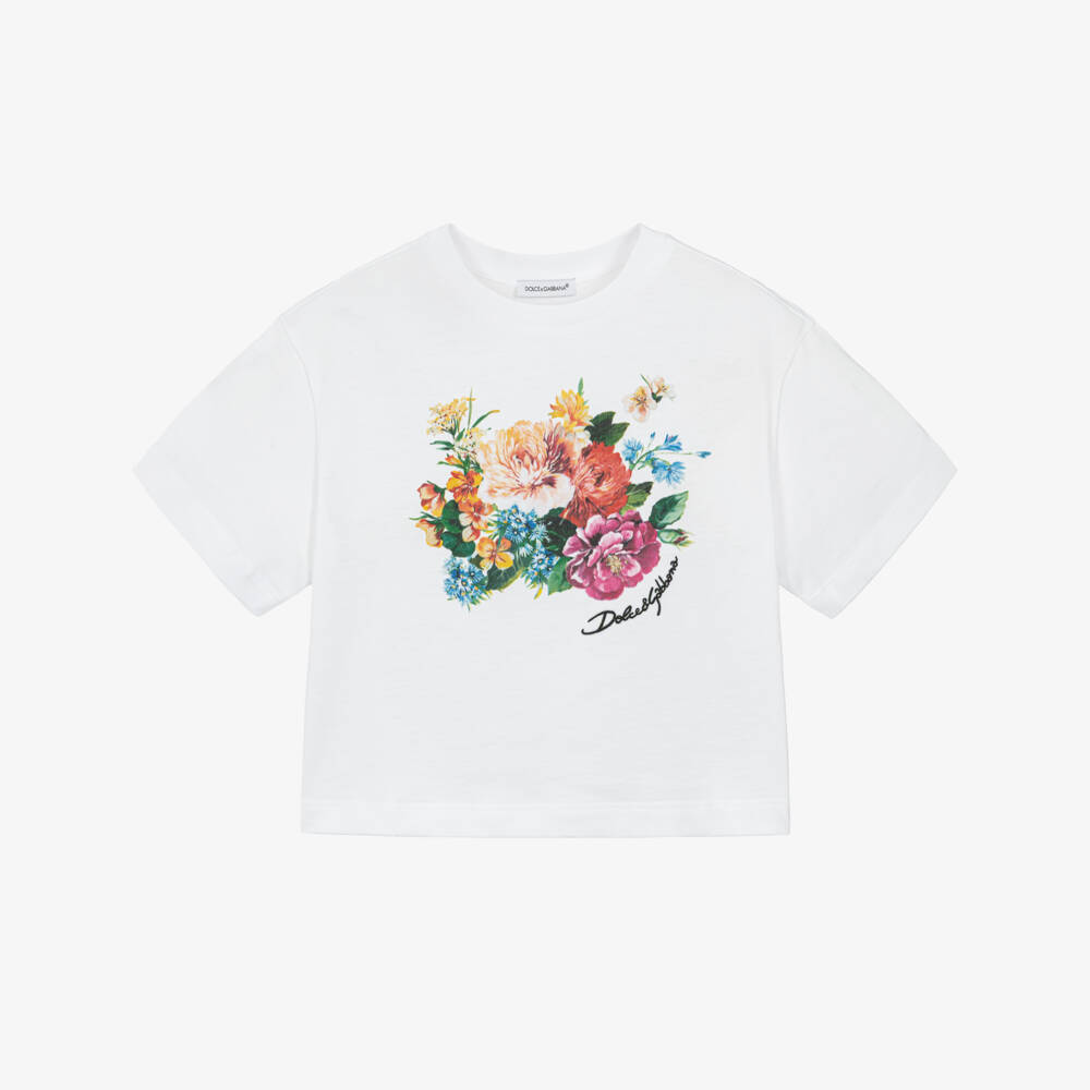 Dolce & Gabbana-Girls White Cotton T-Shirt with Colourful Floral Print | Childrensalon Outlet