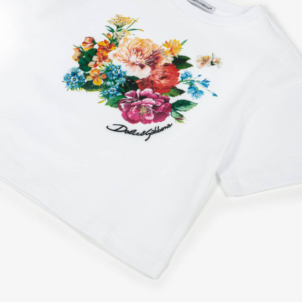 Dolce & Gabbana-Girls White Cotton T-Shirt with Colourful Floral Print | Childrensalon Outlet