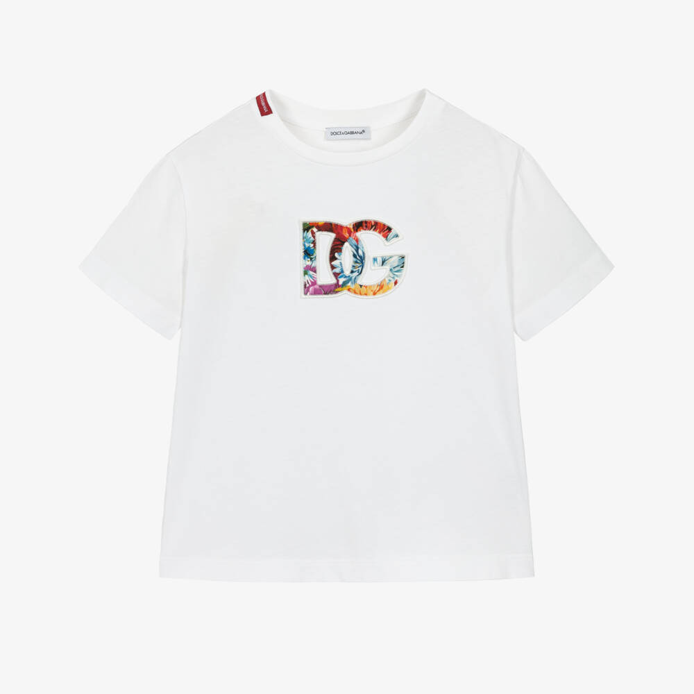 Dolce & Gabbana-Girls White Cotton T-Shirt with Floral DG Logo | Childrensalon Outlet