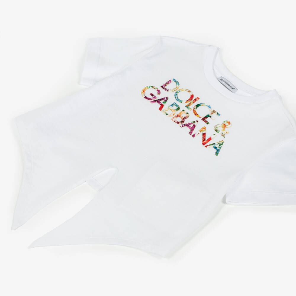Dolce & Gabbana-Футболка из хлопка с завязкой спереди белая для девочек | Childrensalon Outlet