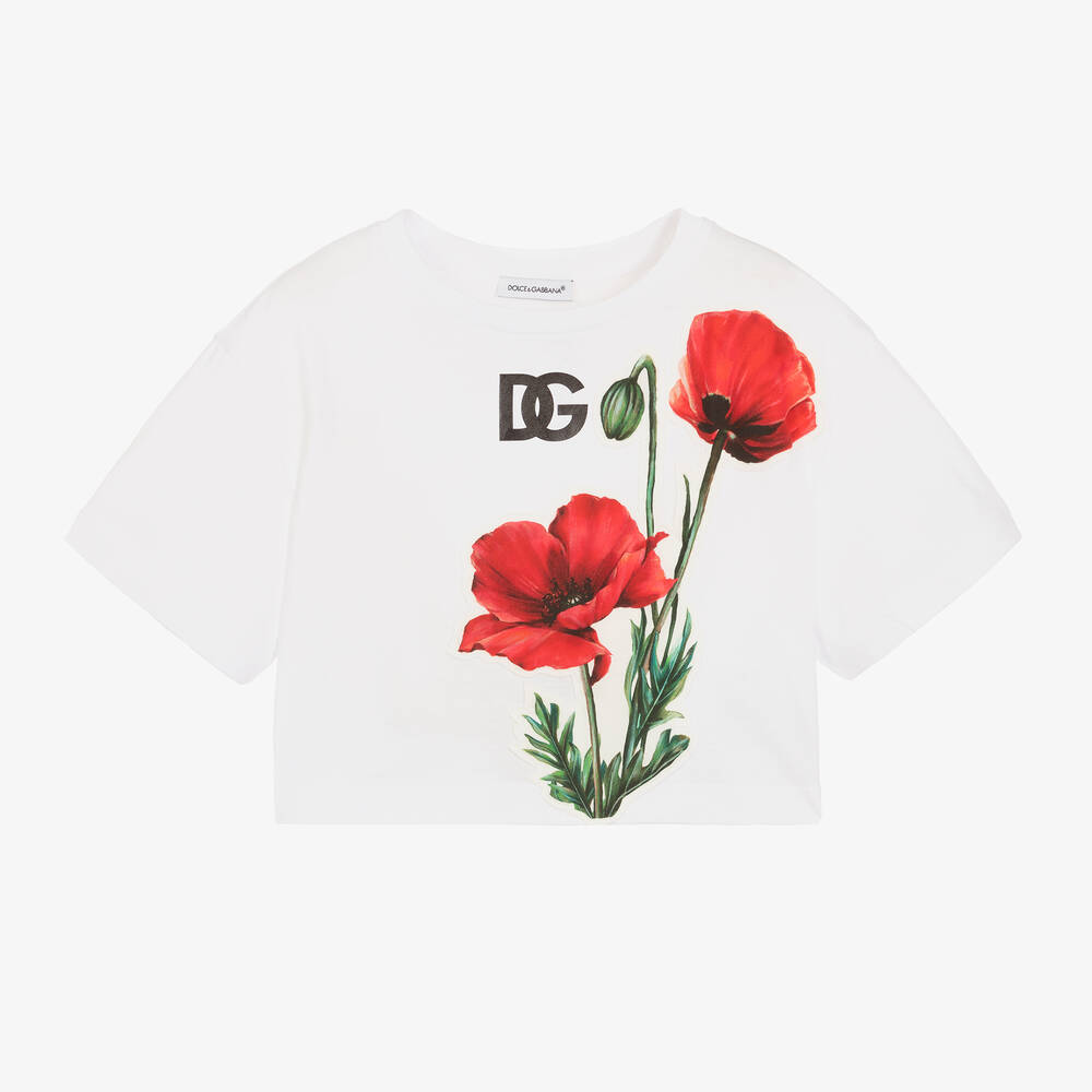 Dolce & Gabbana - Белая укороченная футболка с маками  | Childrensalon