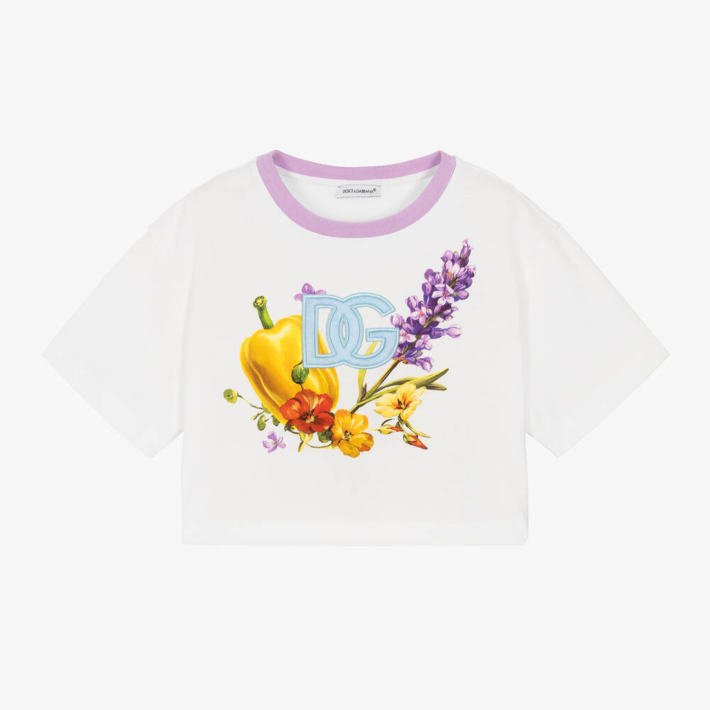 Dolce & Gabbana - Girls White Farmer Print DG T-Shirt | Childrensalon
