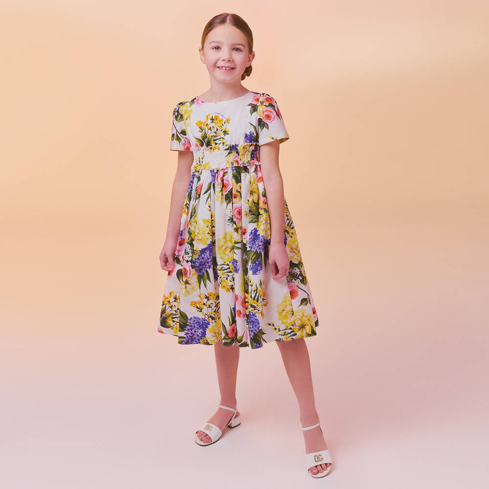 【Dolce&Gabbana】フラワー ストライプ コットン ドレス Dolce & Gabbana - Girls White Floral Cotton Dress