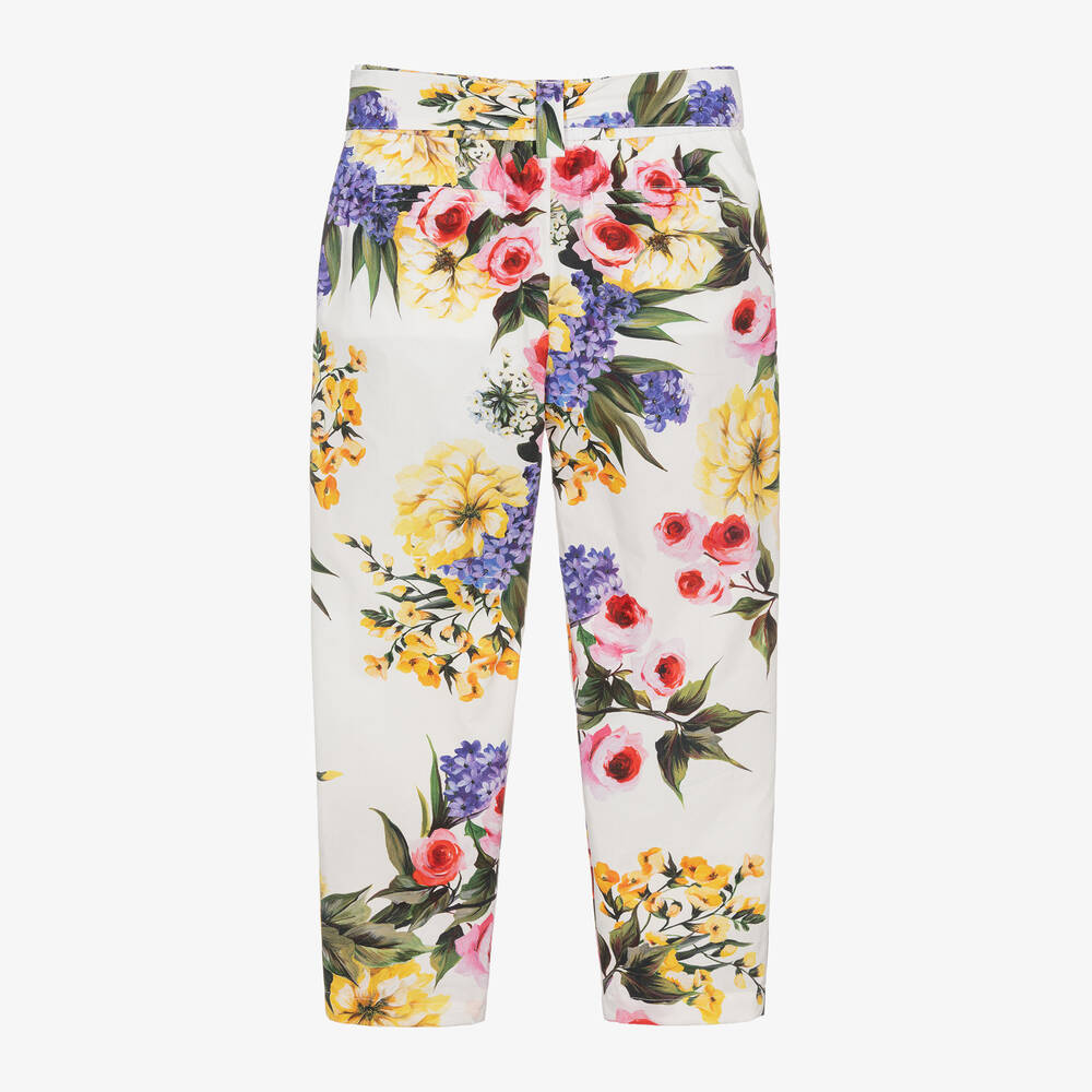 Dolce & Gabbana-Girls White Floral Print Cotton Trousers | Childrensalon Outlet