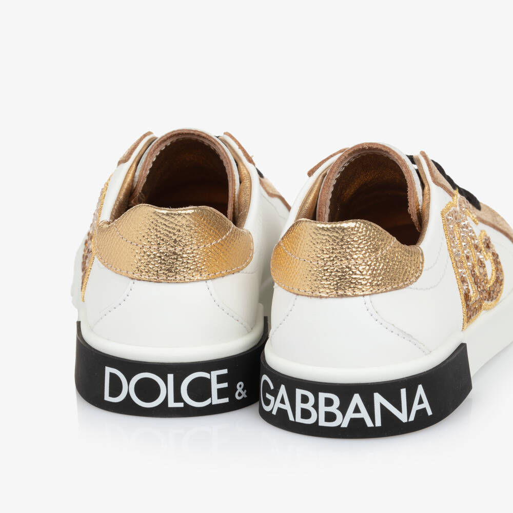 Dolce & Gabbana-Girls White & Gold Portofino Trainers with Rhinestones | Childrensalon Outlet