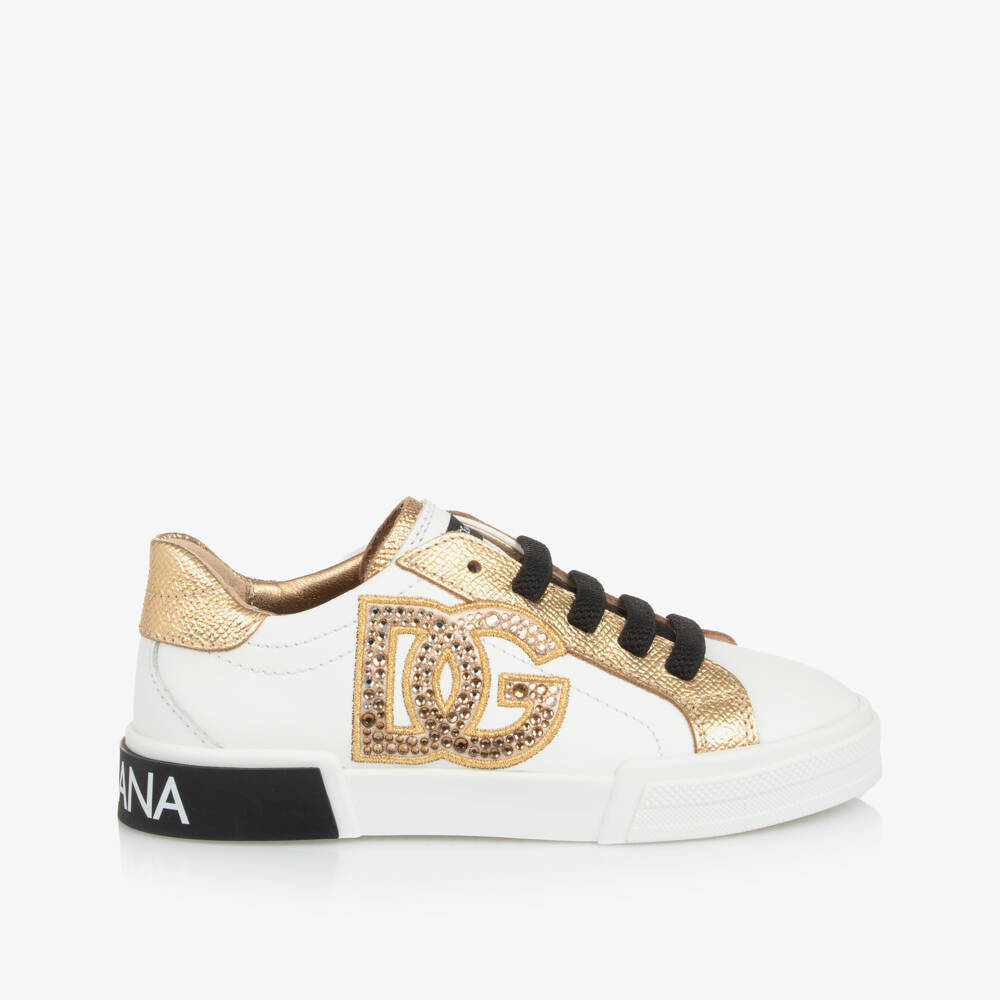 Dolce & Gabbana-Girls White & Gold Portofino Trainers with Rhinestones | Childrensalon Outlet