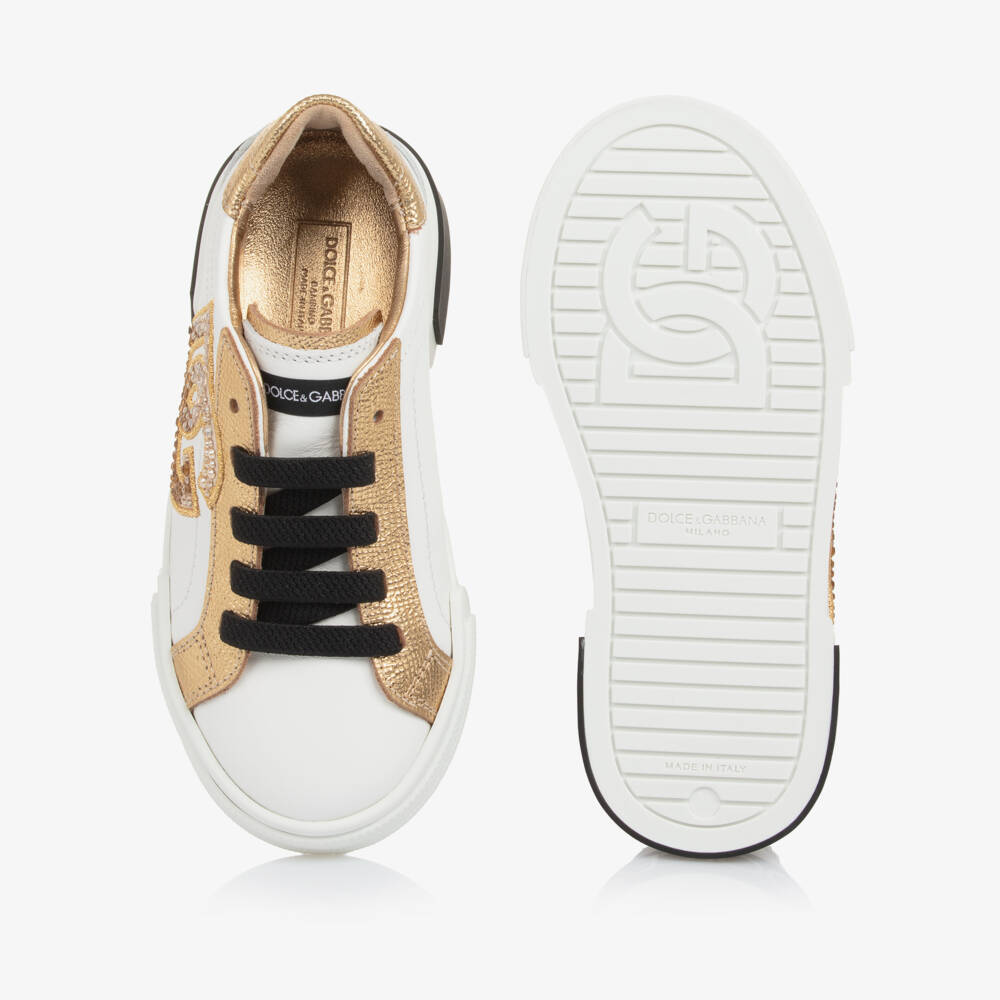 Dolce & Gabbana-Girls White & Gold Portofino Trainers with Rhinestones | Childrensalon Outlet