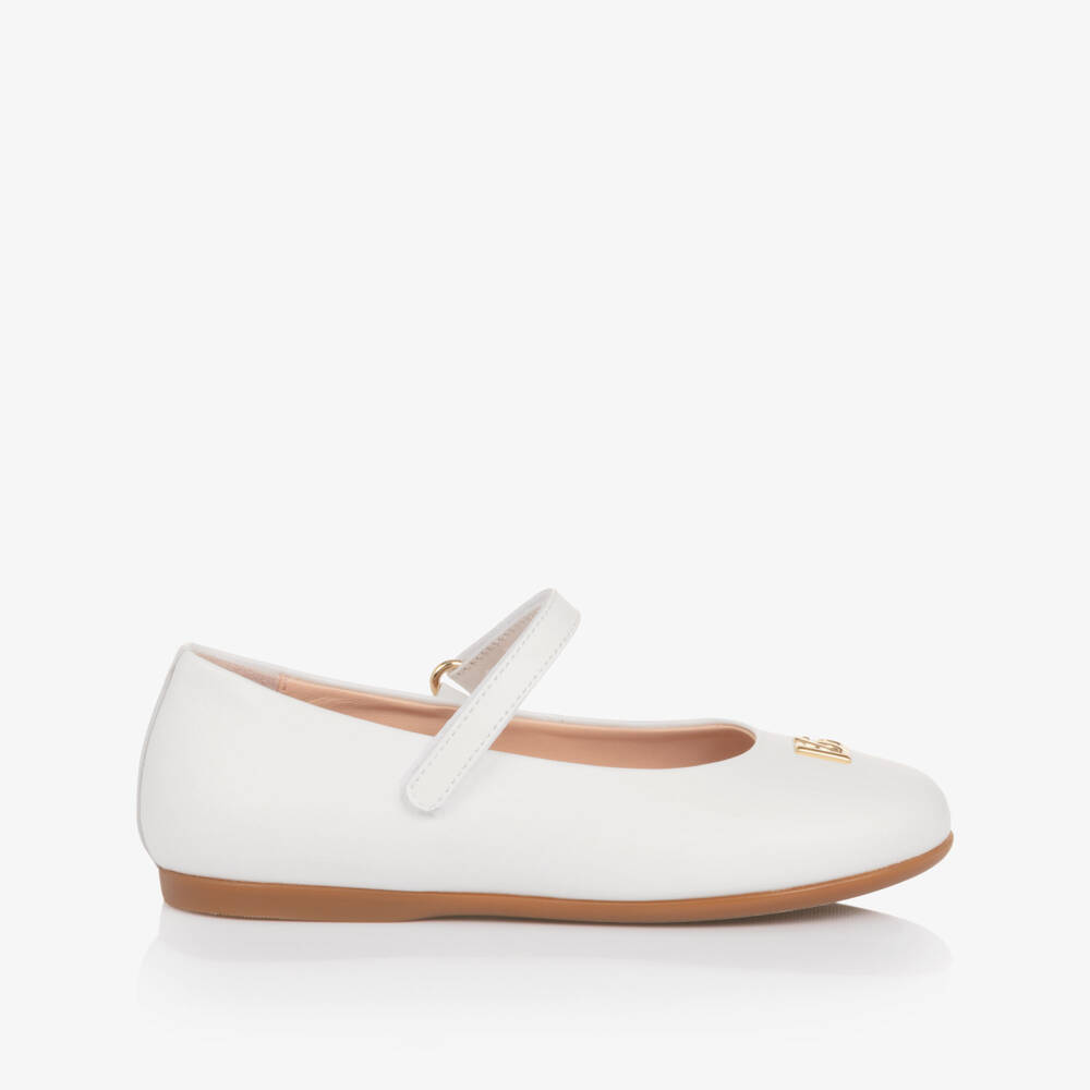 Dolce & Gabbana-Girls White Leather Ballerina Pumps with DG Crossed Logo | Childrensalon Outlet