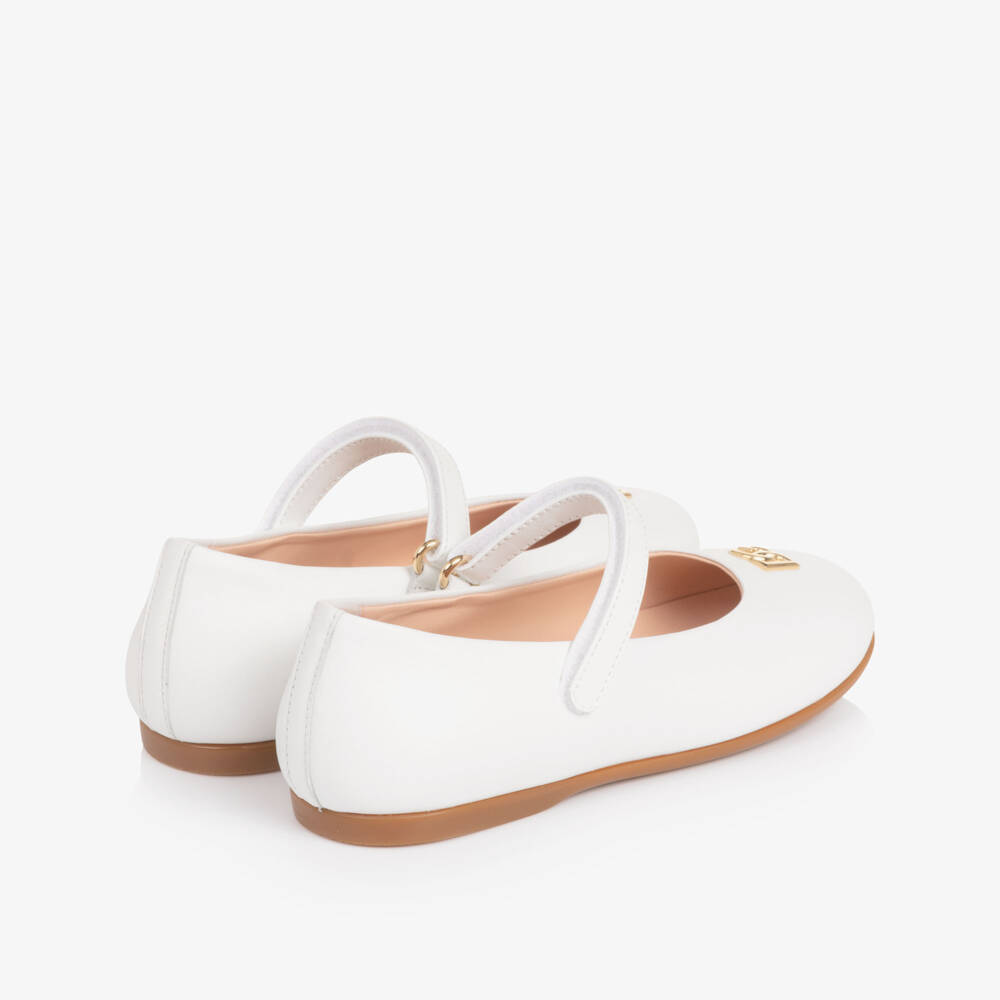 Dolce & Gabbana-Girls White Leather Ballerina Pumps with DG Crossed Logo | Childrensalon Outlet