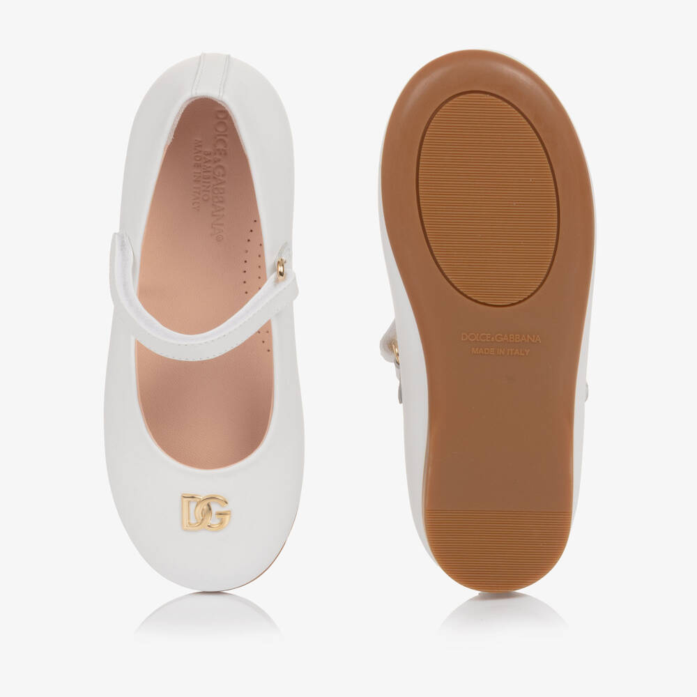 Dolce & Gabbana-Girls White Leather Ballerina Pumps with DG Crossed Logo | Childrensalon Outlet