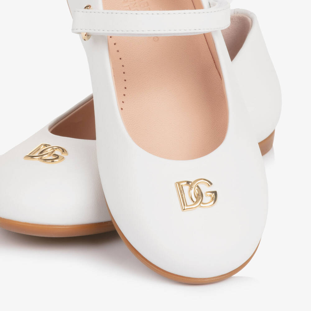Dolce & Gabbana-Girls White Leather Ballerina Pumps with DG Crossed Logo | Childrensalon Outlet