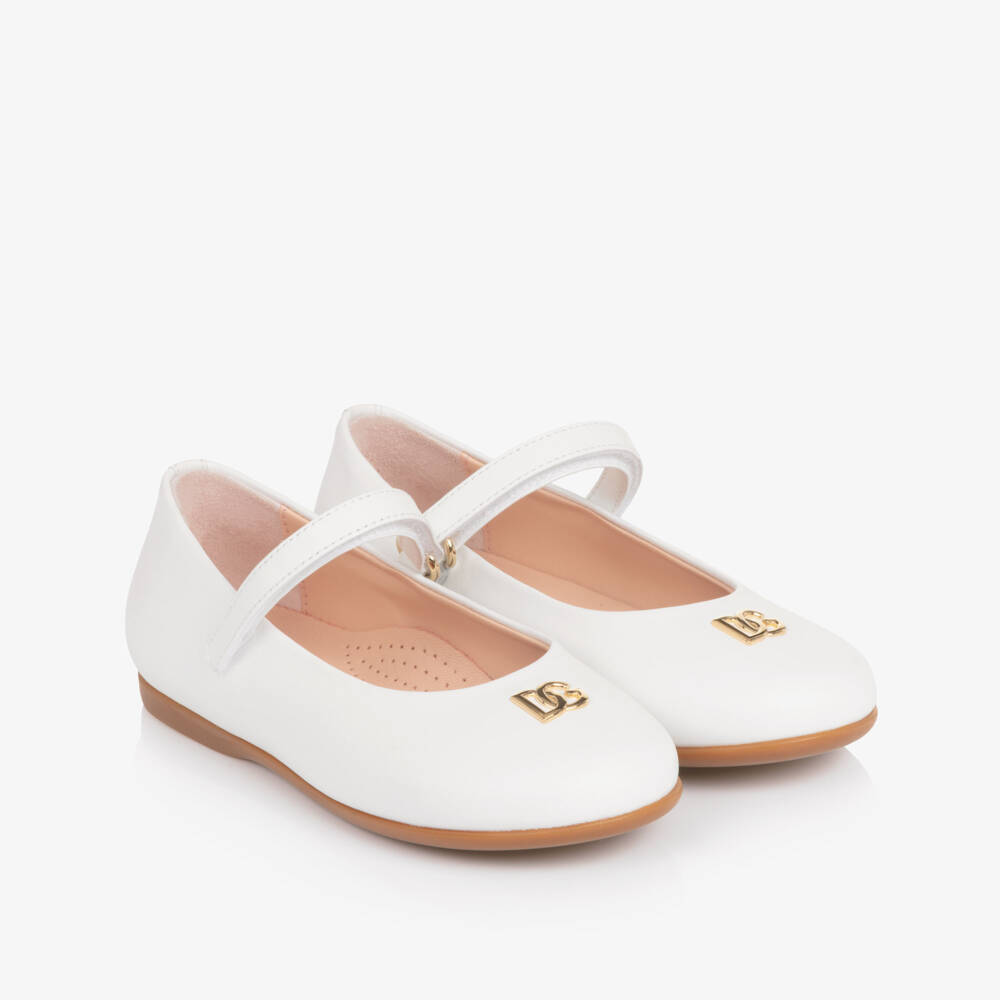 Dolce & Gabbana-Girls White Leather Ballerina Pumps with DG Crossed Logo | Childrensalon Outlet