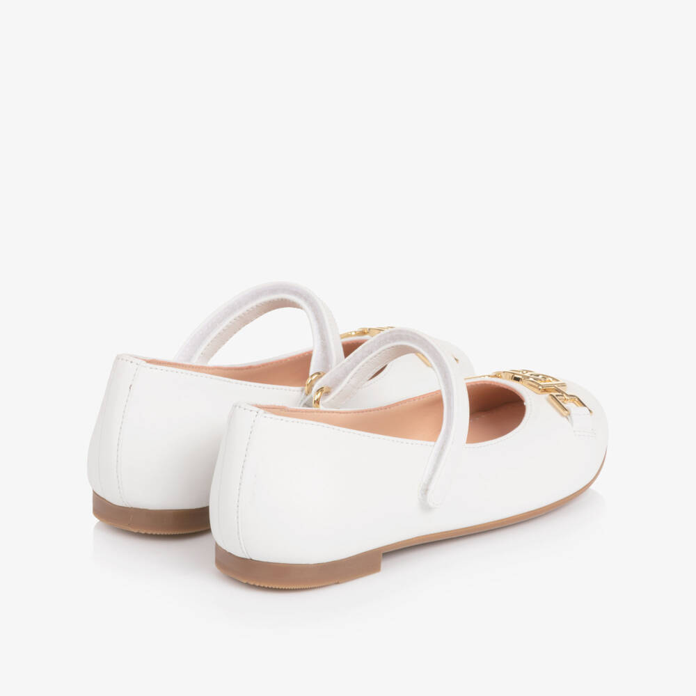 Dolce & Gabbana-Girls White Leather Ballerina Pumps with DG Crossed Logo | Childrensalon Outlet
