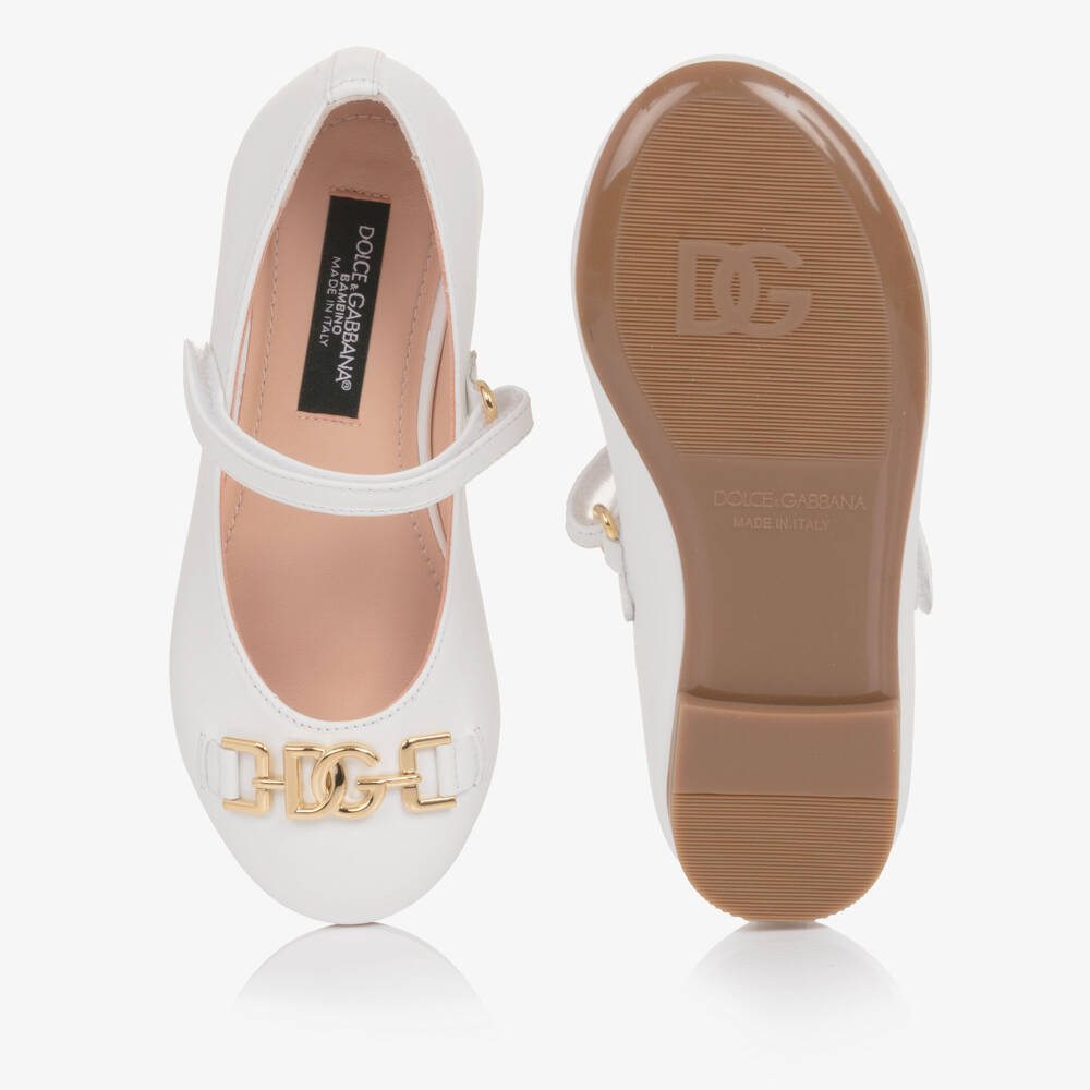 Dolce & Gabbana-Girls White Leather Ballerina Pumps with DG Crossed Logo | Childrensalon Outlet