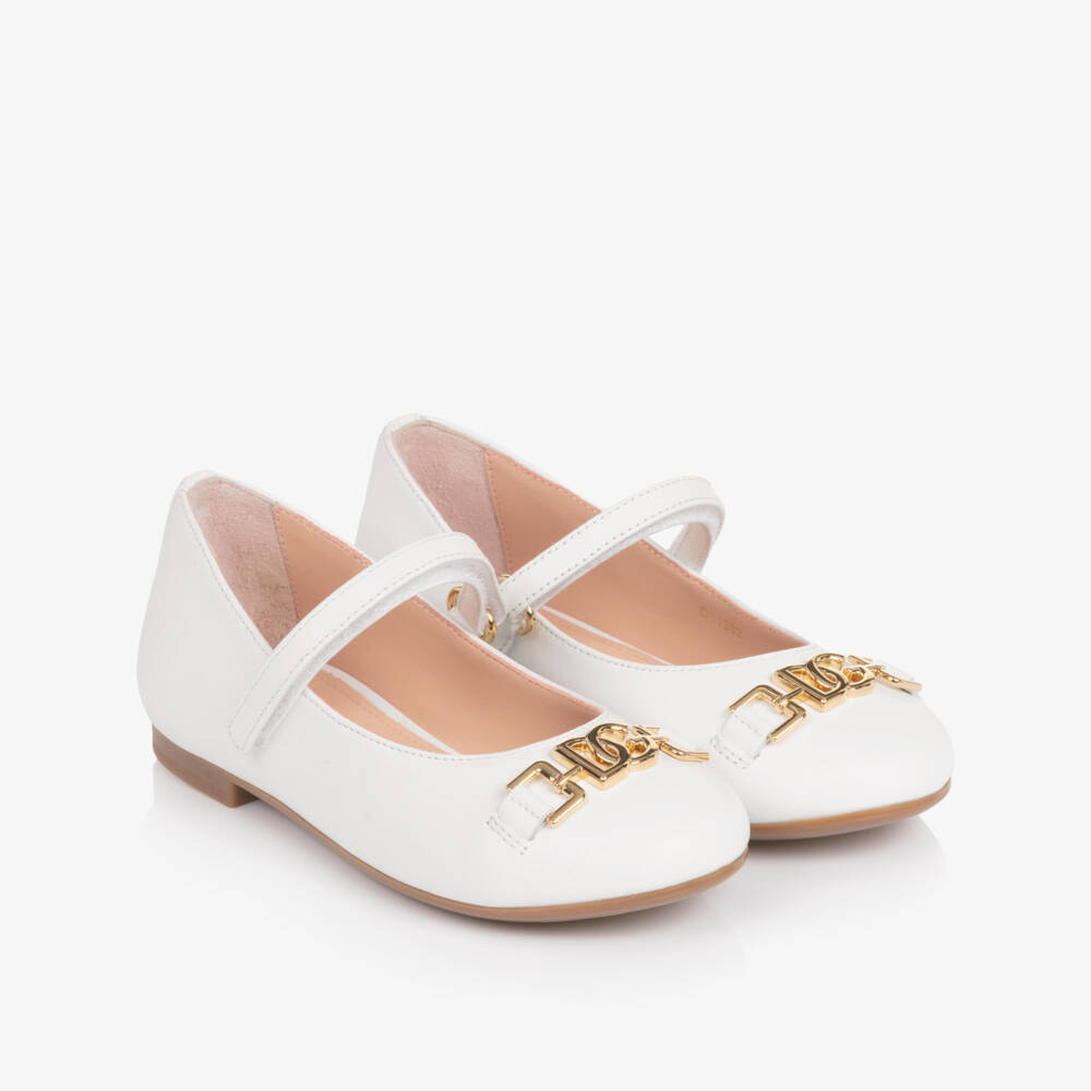 Dolce & Gabbana-Girls White Leather Ballerina Pumps with DG Crossed Logo | Childrensalon Outlet