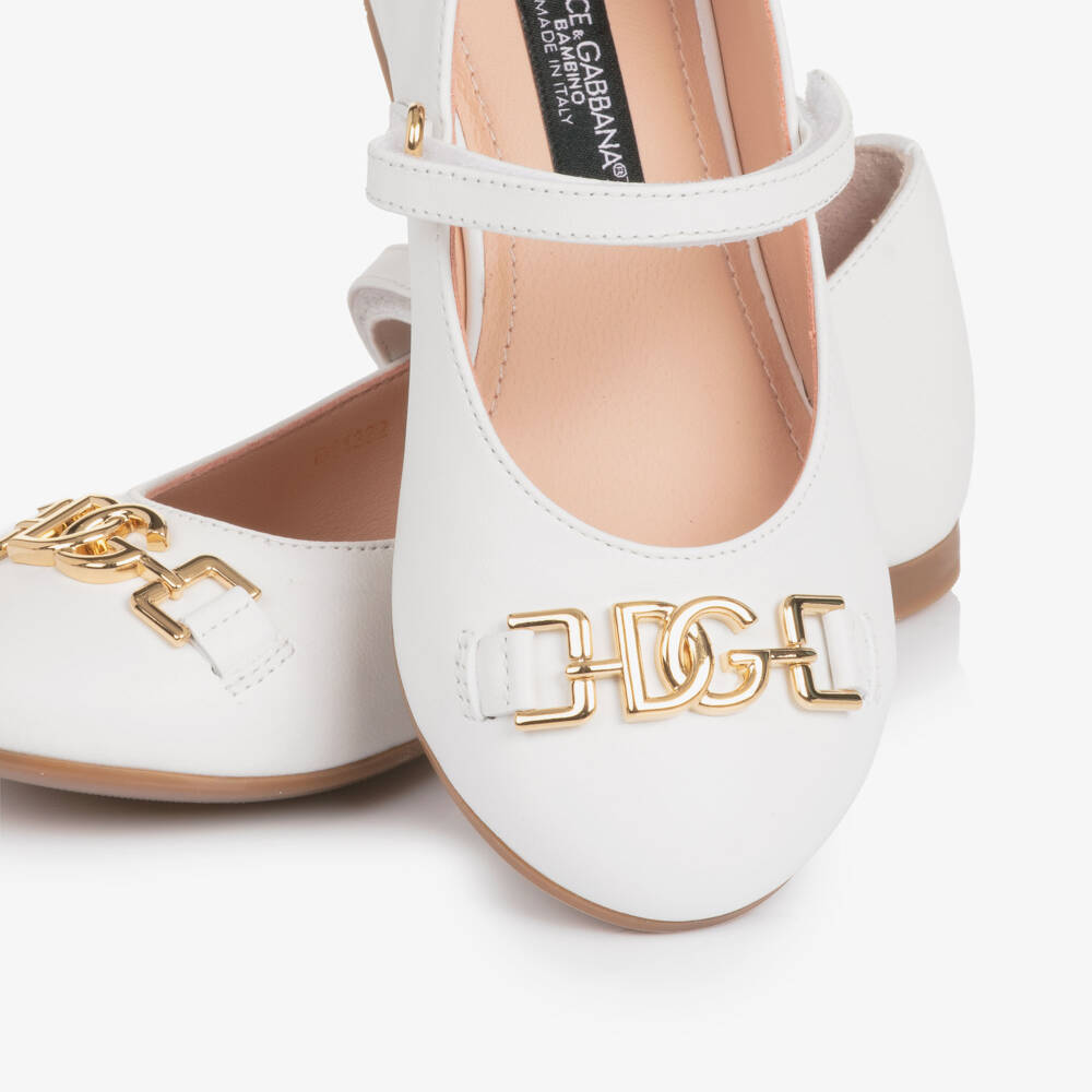 Dolce & Gabbana-Girls White Leather Ballerina Pumps with DG Crossed Logo | Childrensalon Outlet