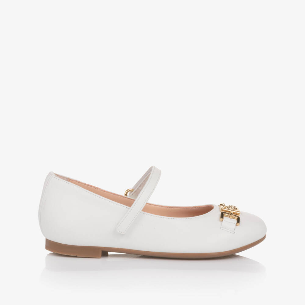 Dolce & Gabbana-Girls White Leather Ballerina Pumps with DG Crossed Logo | Childrensalon Outlet