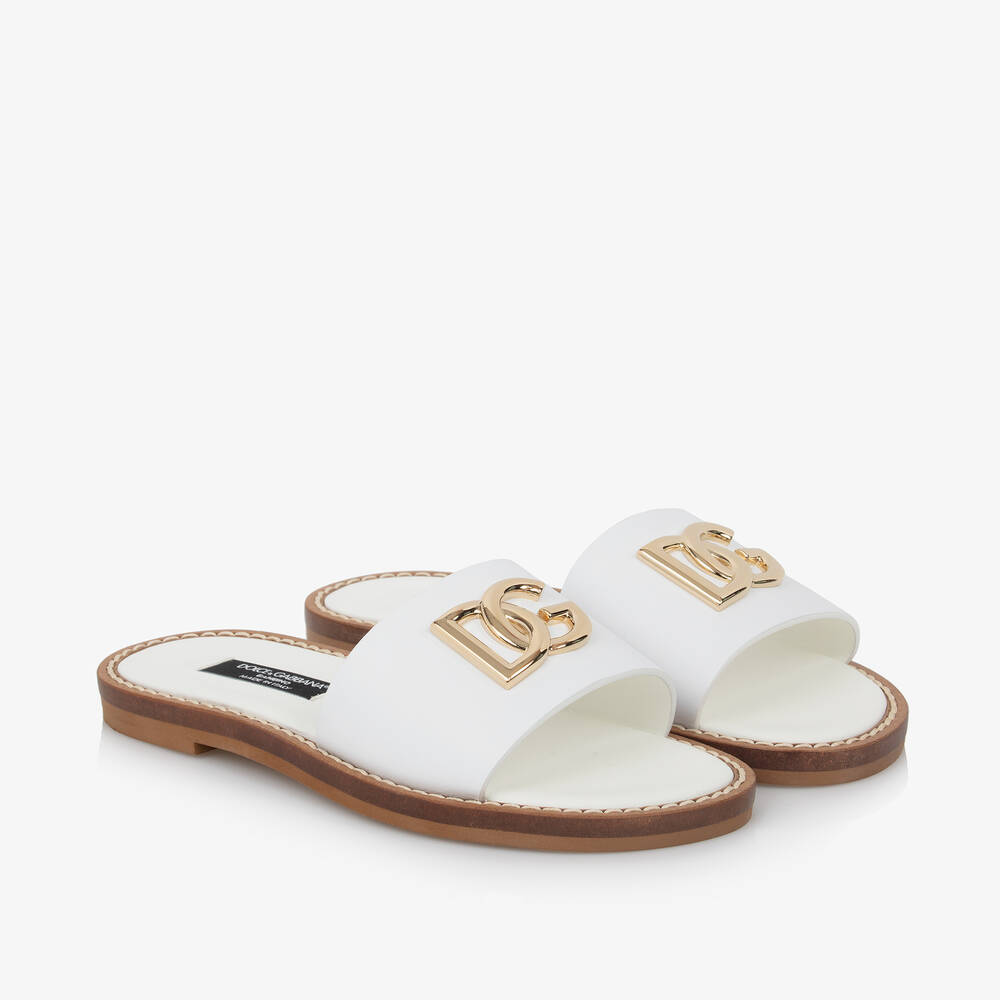 Dolce & Gabbana-Girls White Leather DG Sliders | Childrensalon Outlet