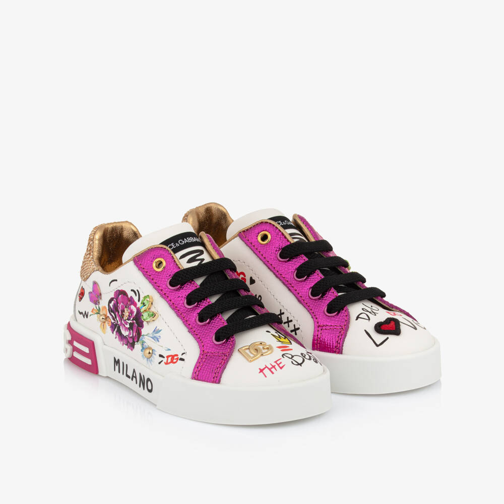 Dolce & Gabbana-حذاء رياضي جلدي أبيض مزين بالورود للبنات | Childrensalon Outlet
