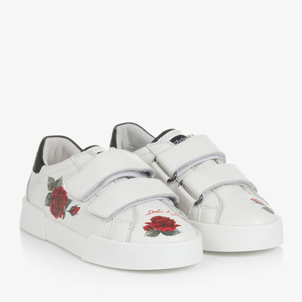Dolce & Gabbana - Girls White Leather Rose Trainers | Childrensalon