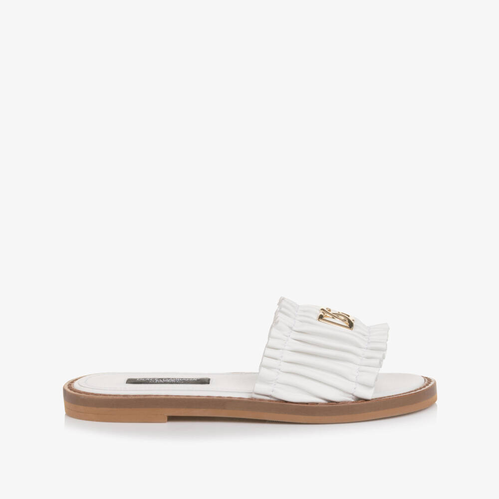 Dolce & Gabbana-Girls White Leather Ruffle Sliders with DG Logo | Childrensalon Outlet