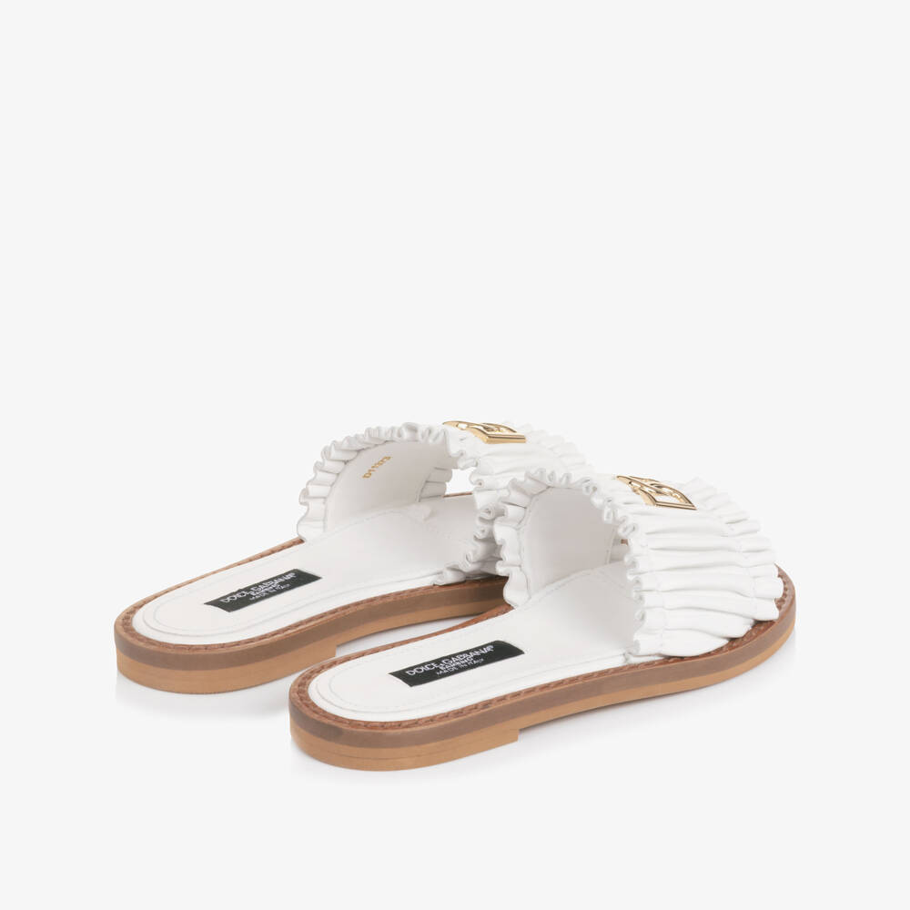 Dolce & Gabbana-Girls White Leather Ruffle Sliders with DG Logo | Childrensalon Outlet