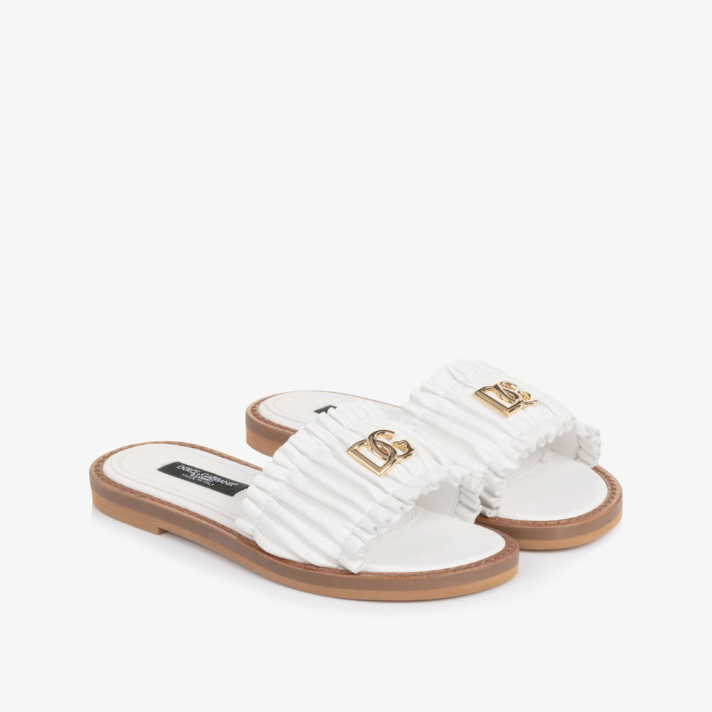 Dolce & Gabbana-Girls White Leather Ruffle Sliders with DG Logo | Childrensalon Outlet