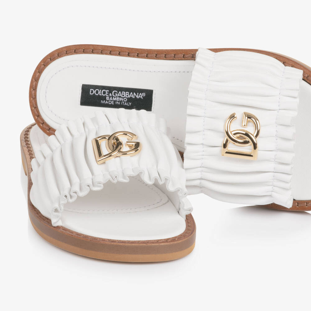 Dolce & Gabbana-Girls White Leather Ruffle Sliders with DG Logo | Childrensalon Outlet