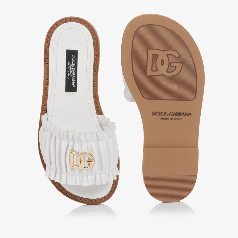 Dolce & Gabbana-Girls White Leather Ruffle Sliders with DG Logo | Childrensalon Outlet