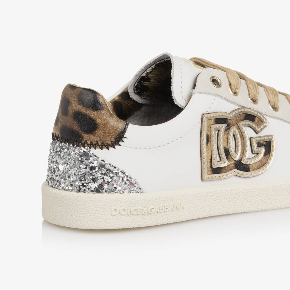 Dolce & Gabbana-Girls White Leather Trainers with Leopard DG Logo | Childrensalon Outlet