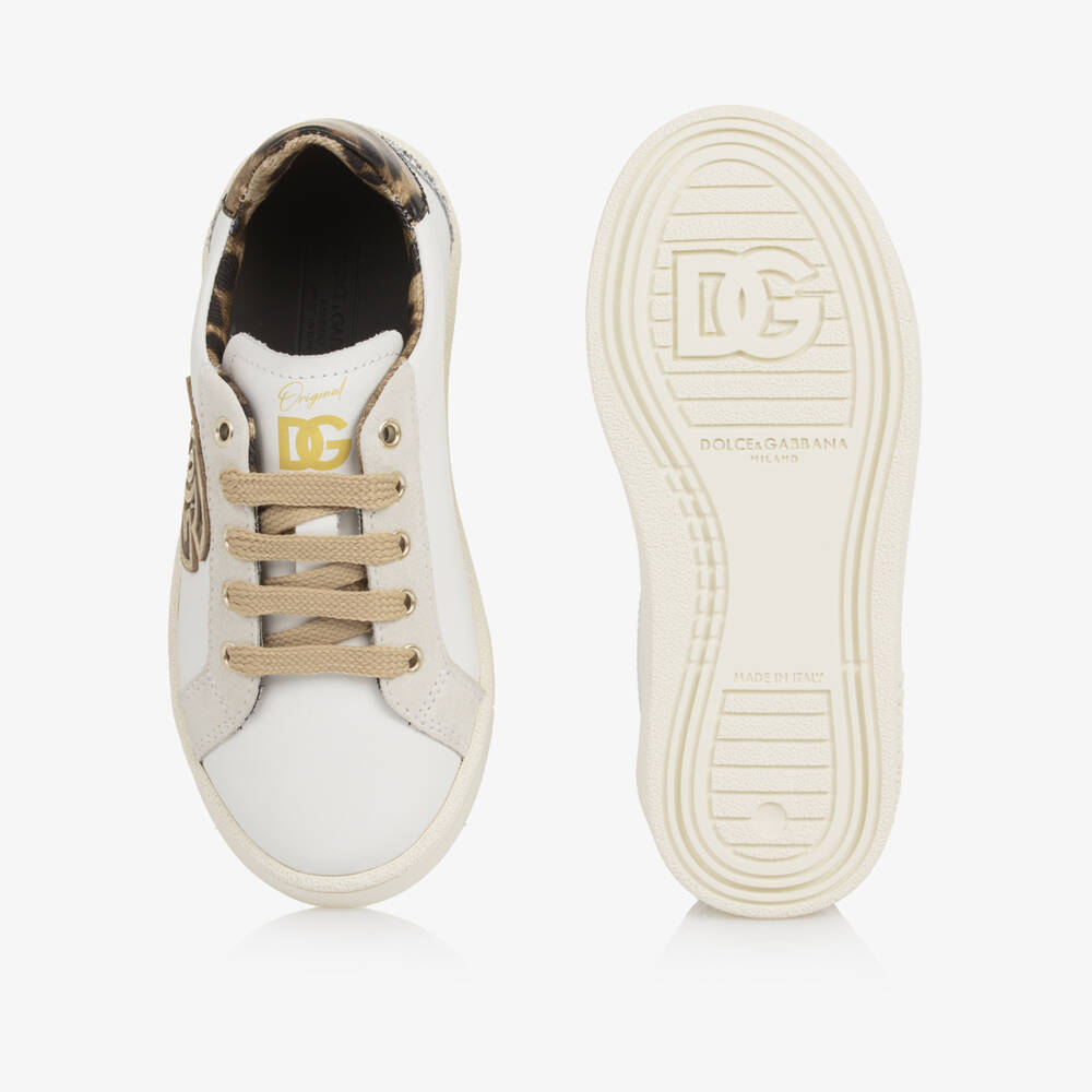 Dolce & Gabbana-Girls White Leather Trainers with Leopard DG Logo | Childrensalon Outlet
