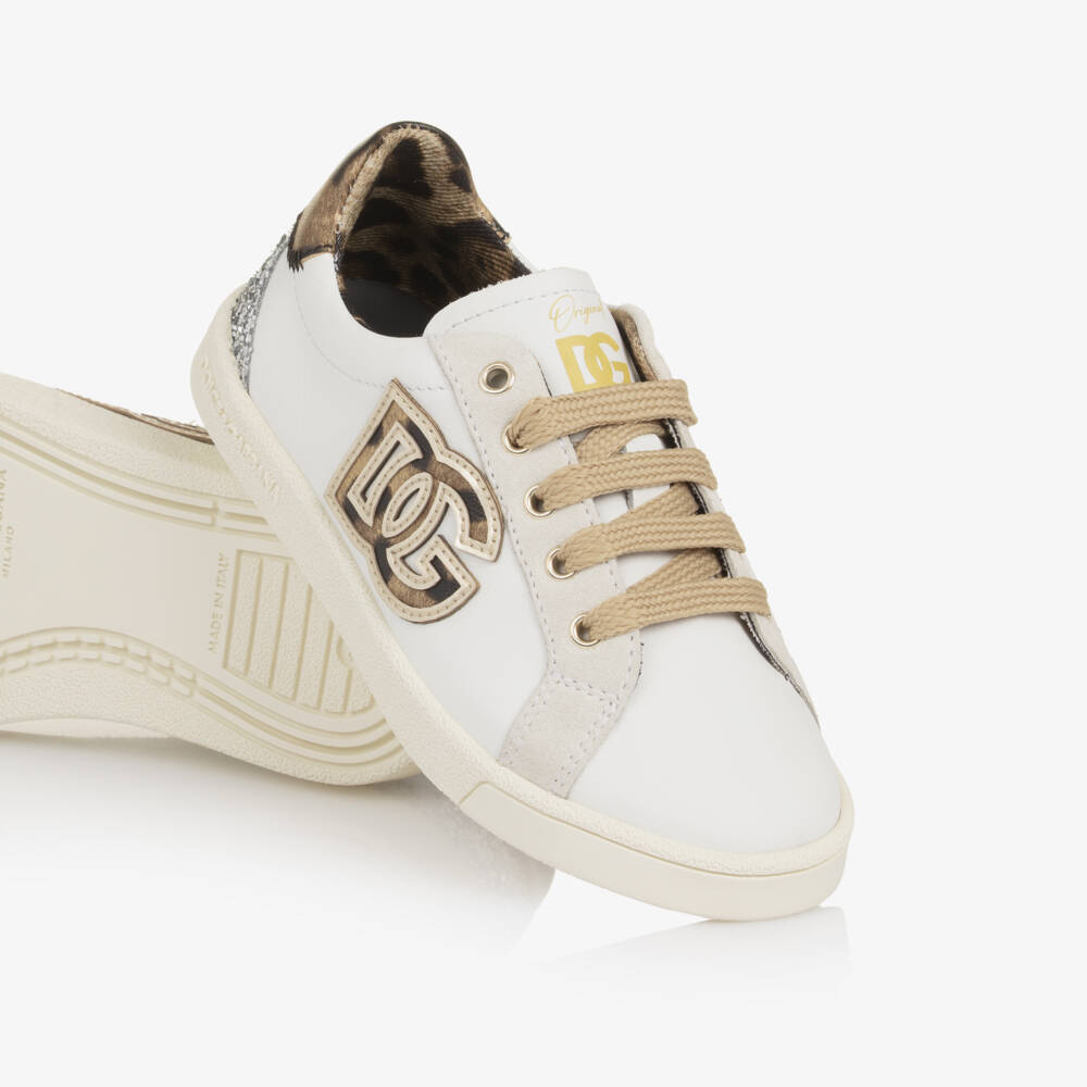 Dolce & Gabbana-Girls White Leather Trainers with Leopard DG Logo | Childrensalon Outlet