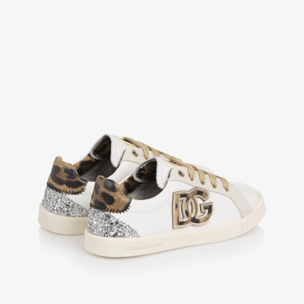 Dolce & Gabbana-Girls White Leather Trainers with Leopard DG Logo | Childrensalon Outlet