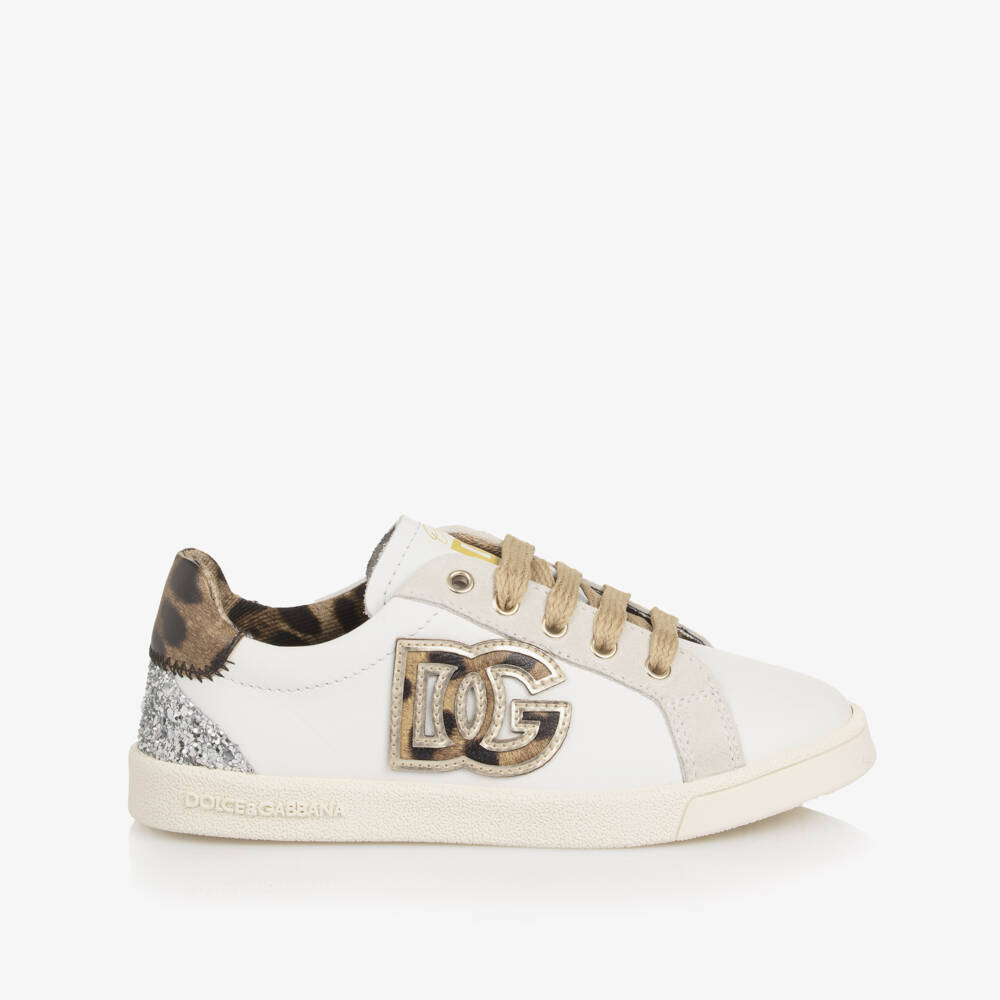 Dolce & Gabbana-Girls White Leather Trainers with Leopard DG Logo | Childrensalon Outlet