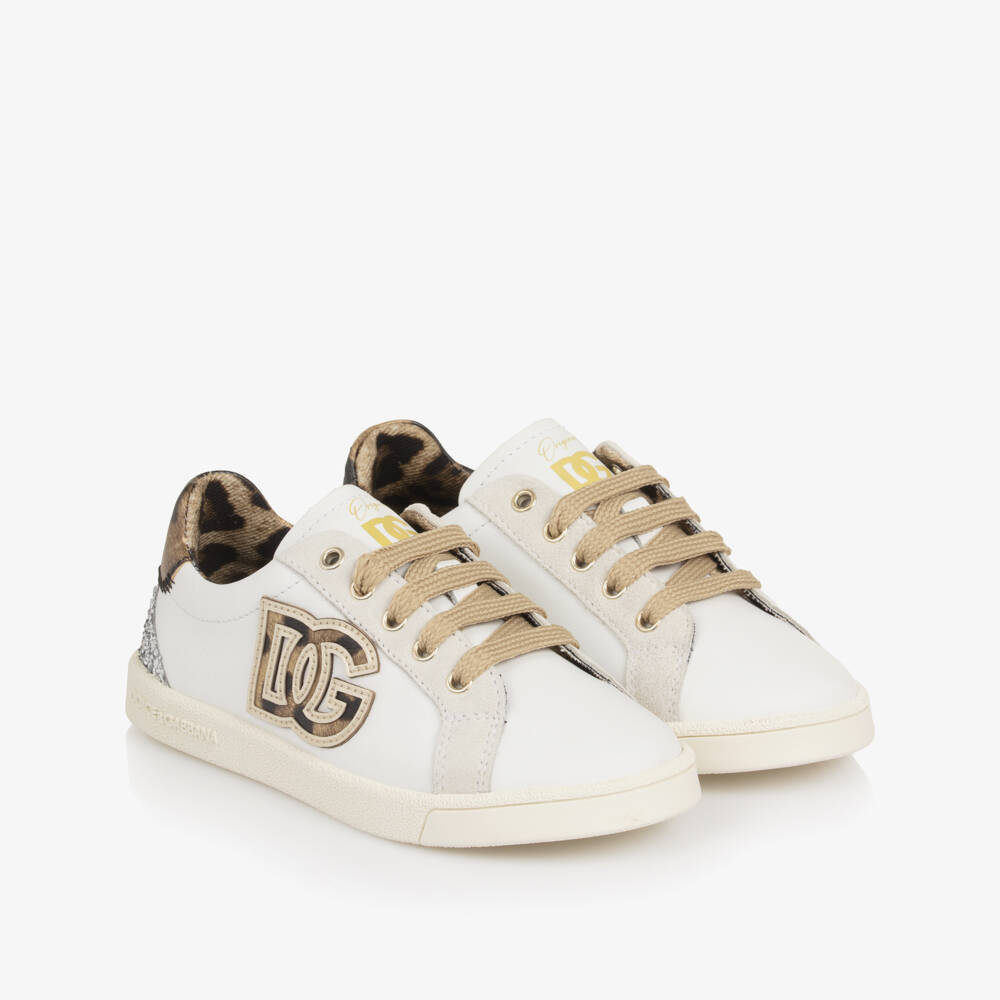 Dolce & Gabbana-Girls White Leather Trainers with Leopard DG Logo | Childrensalon Outlet
