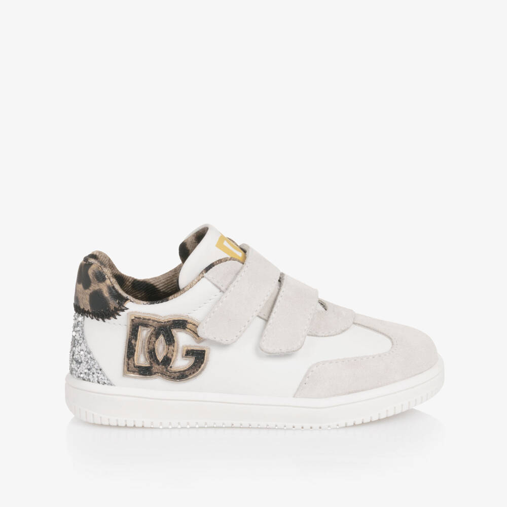 Dolce & Gabbana-Girls White Leather Trainers with Leopard Print Trims | Childrensalon Outlet