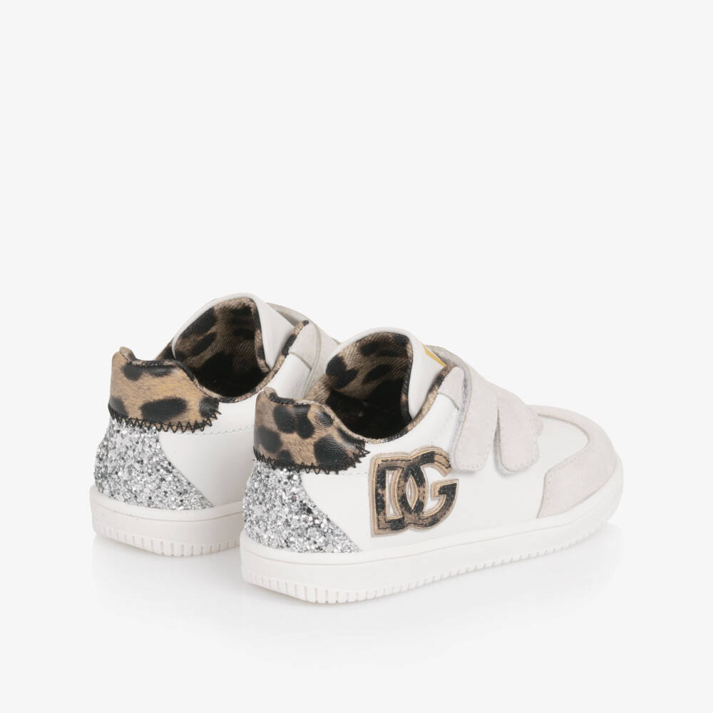 Dolce & Gabbana-Girls White Leather Trainers with Leopard Print Trims | Childrensalon Outlet