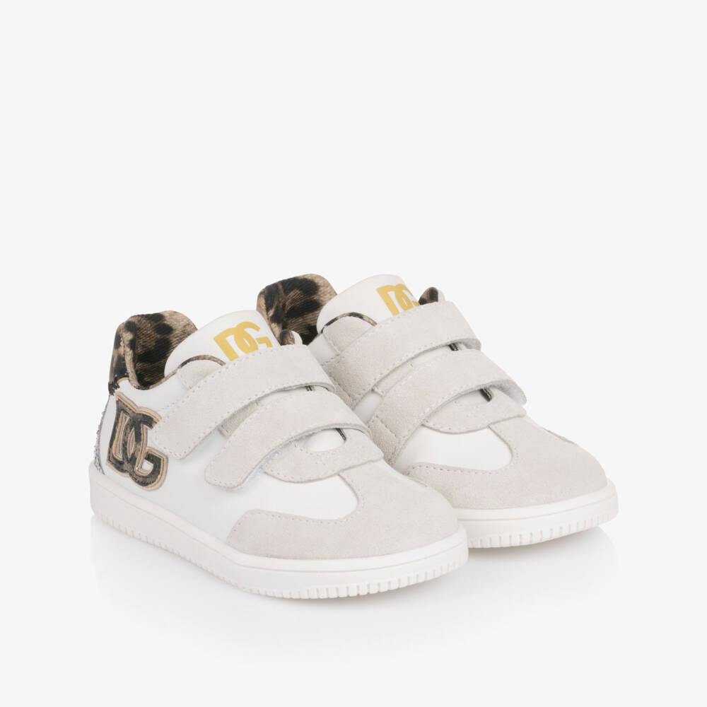 Dolce & Gabbana-Girls White Leather Trainers with Leopard Print Trims | Childrensalon Outlet