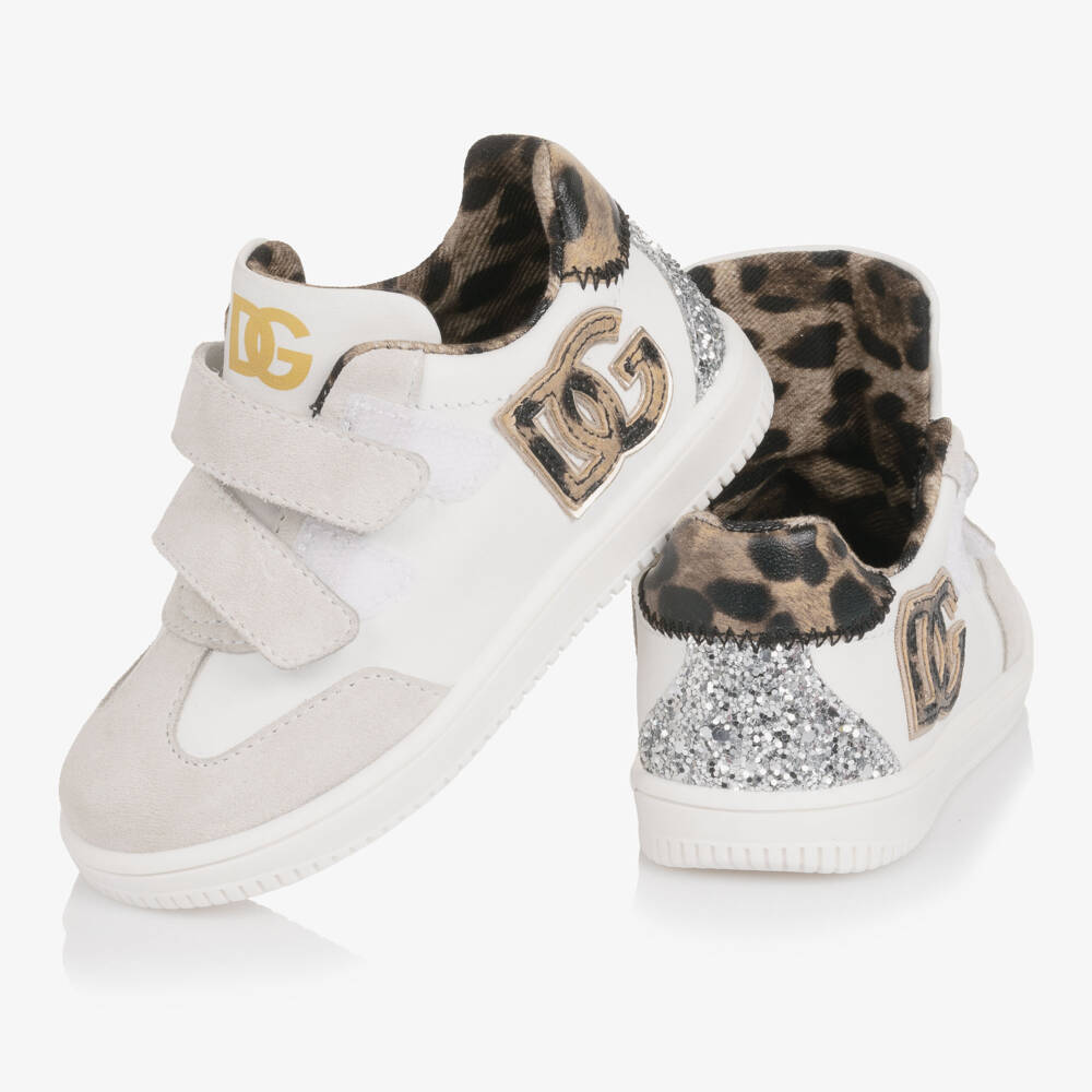 Dolce & Gabbana-Girls White Leather Trainers with Leopard Print Trims | Childrensalon Outlet