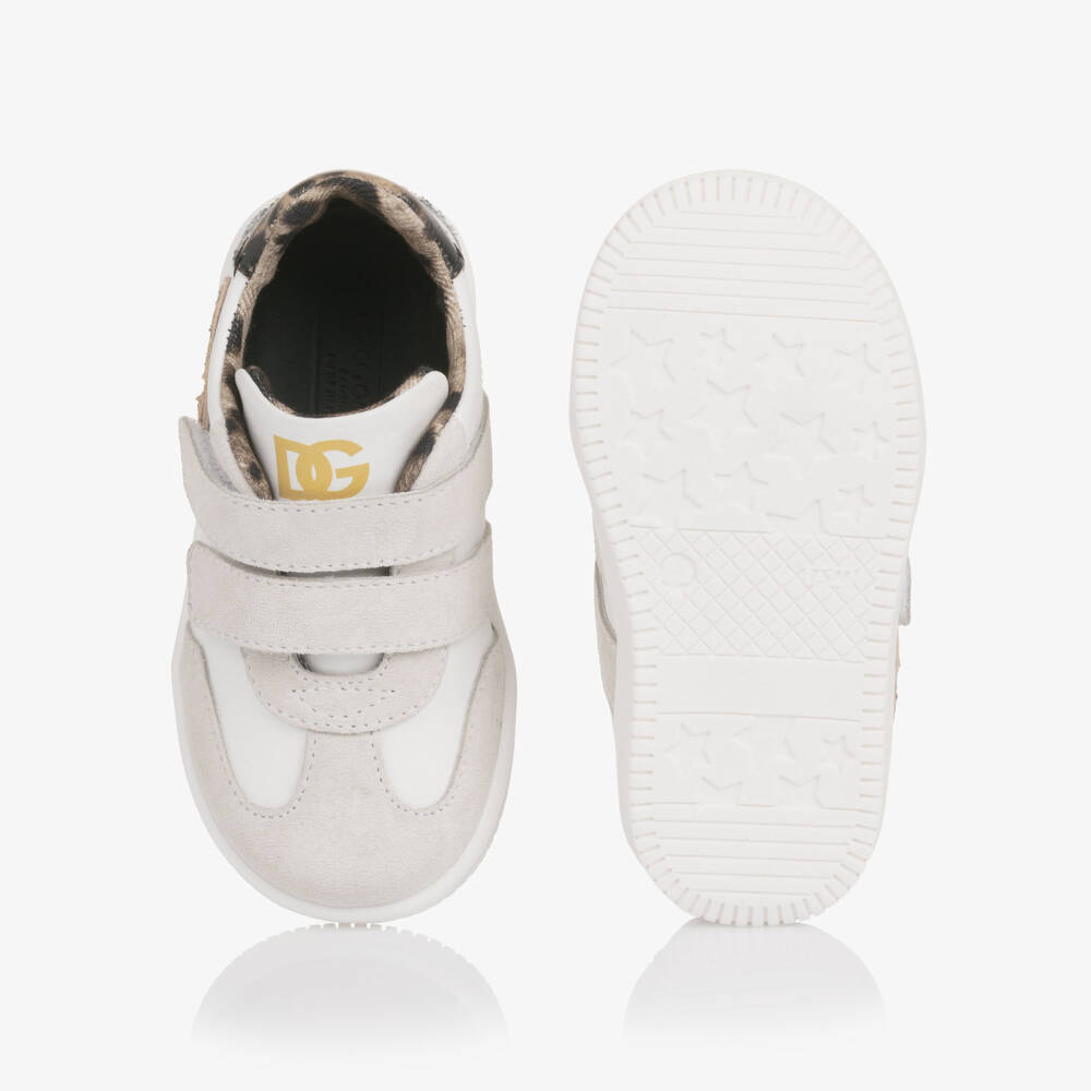 Dolce & Gabbana-Girls White Leather Trainers with Leopard Print Trims | Childrensalon Outlet