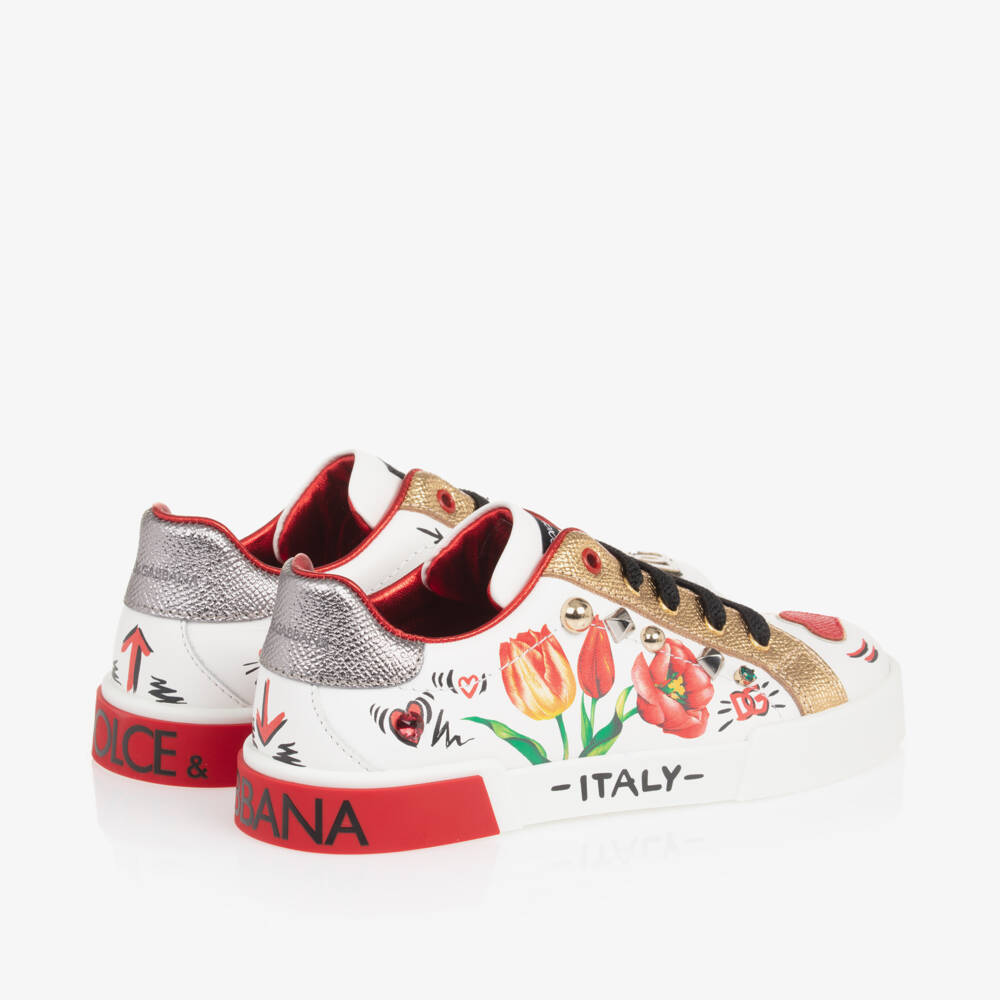 Dolce & Gabbana-Girls White Leather Tulip Trainers | Childrensalon Outlet
