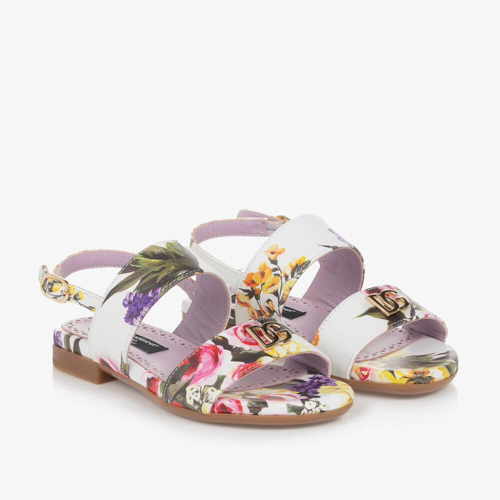 Dolce & Gabbana-Girls White & Lilac Floral Leather Sandals | Childrensalon Outlet