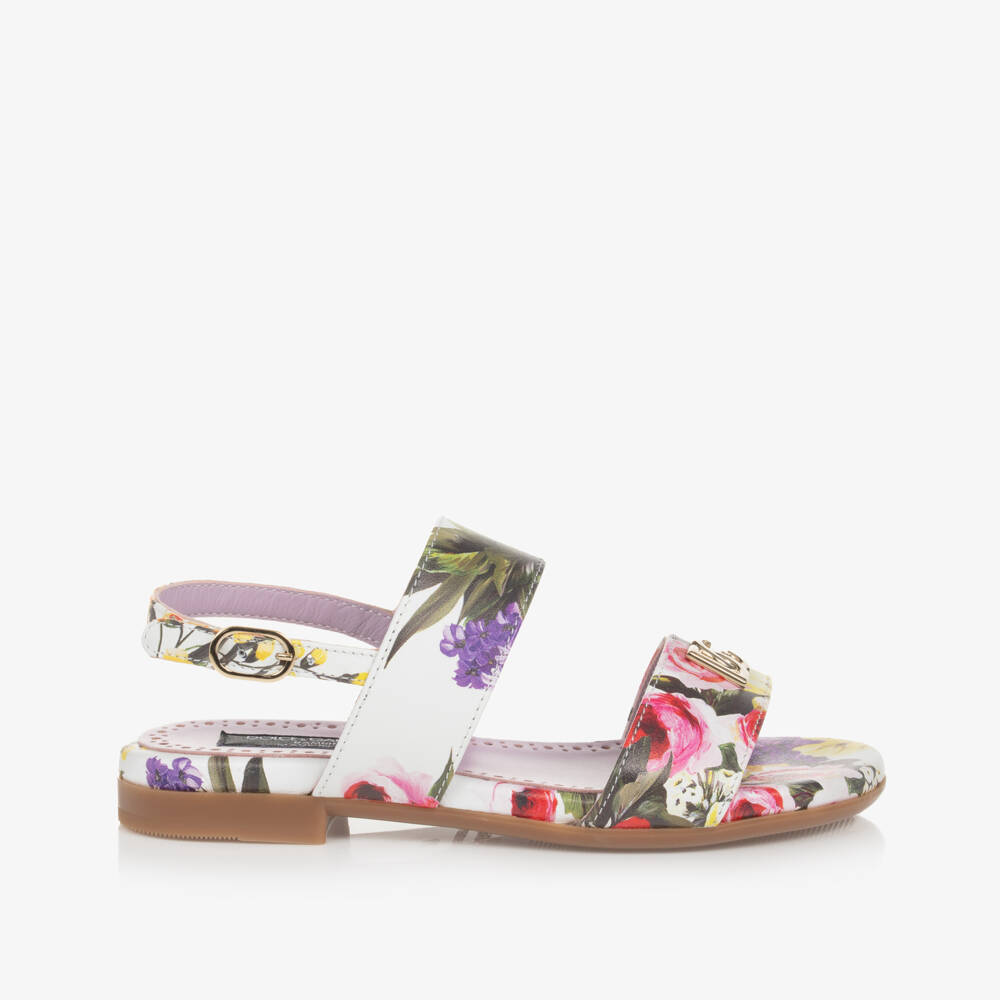 Dolce & Gabbana-Girls White & Lilac Floral Leather Sandals | Childrensalon Outlet