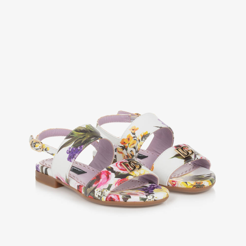 Dolce & Gabbana-Girls White & Lilac Floral Leather Sandals | Childrensalon Outlet