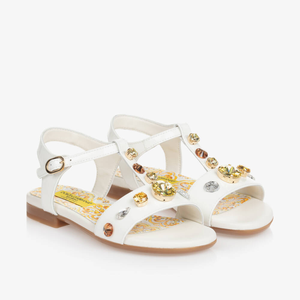 Dolce & Gabbana-صندل مزين بكريستال جلد لامع لون أبيض للبنات | Childrensalon Outlet