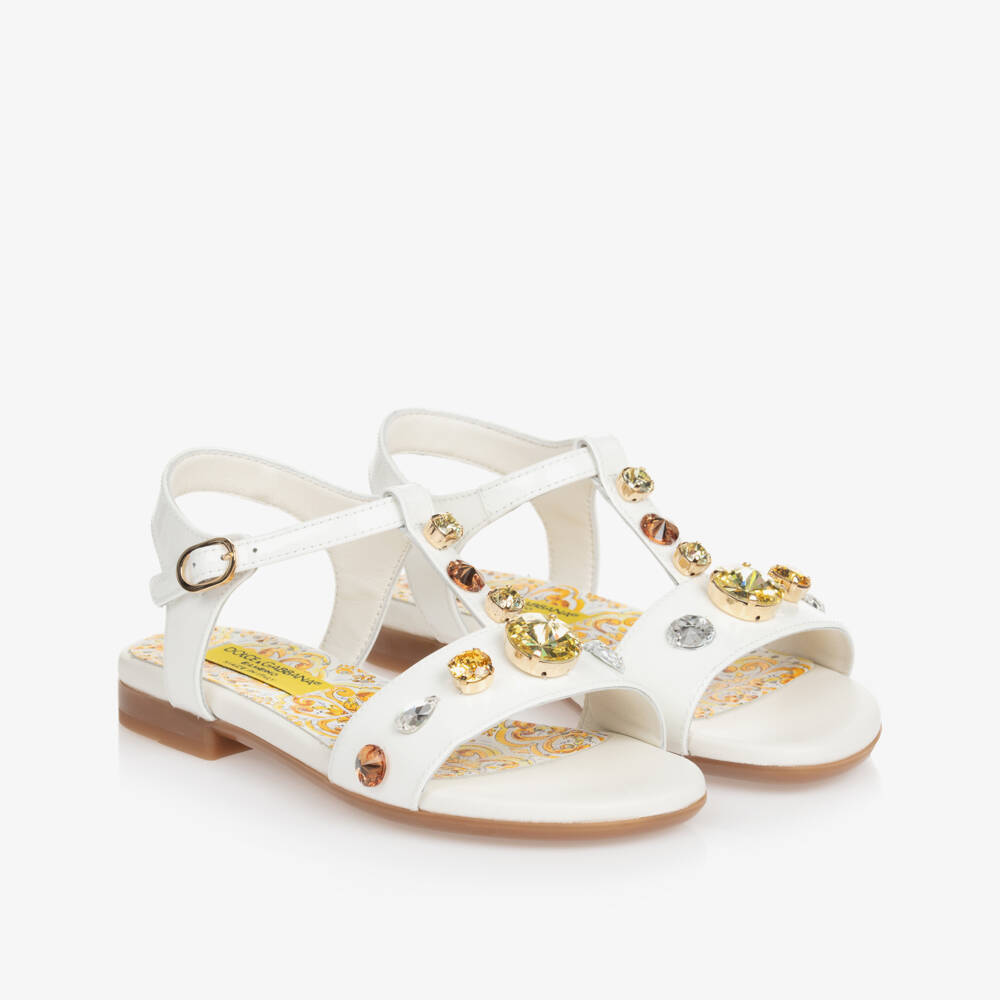 Dolce & Gabbana-صندل مزين بكريستال جلد لامع لون أبيض للبنات | Childrensalon Outlet